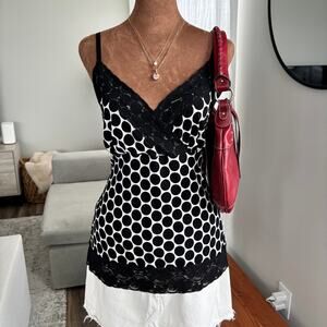 2000s Vintage White House Black Market Lace Trim Polka Dot Cami Tank Top Size L